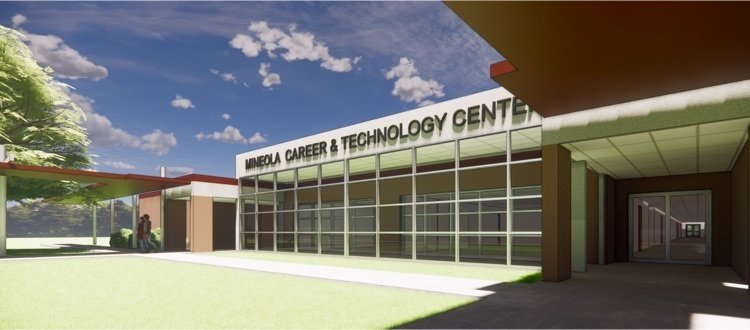 An architect’s rendering shows what the Mineola Elementary School will look like when it is transformed into a Career and Technical Education center for high school students, if voters approve a $28.855 million bond on Saturday.